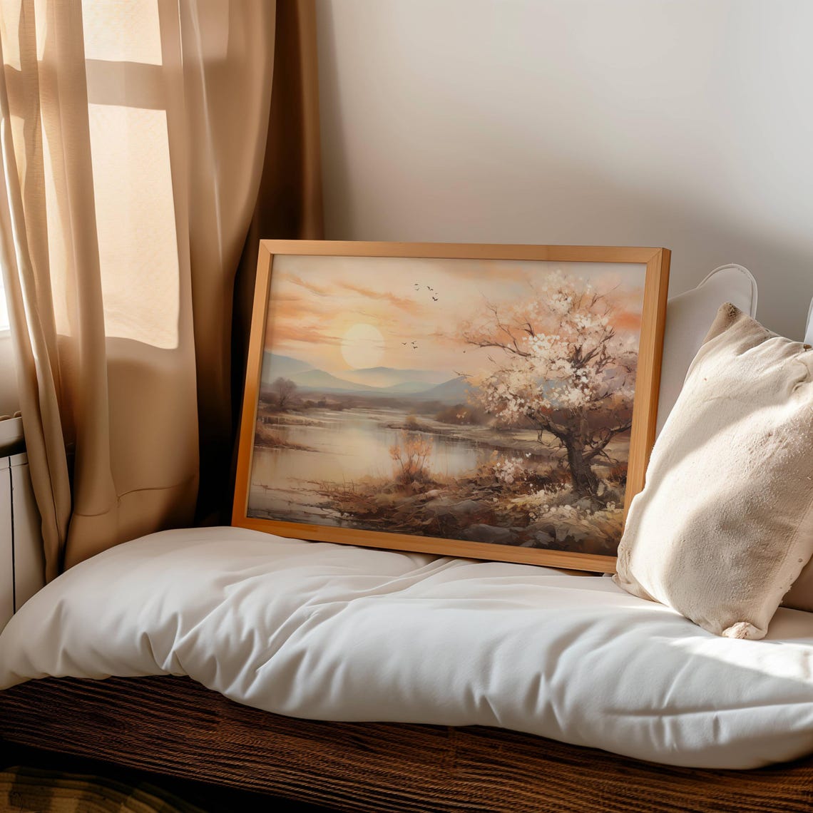 Lake Sunset With Blooming Tree Tranquil Spring Landscape Poster - Image 2