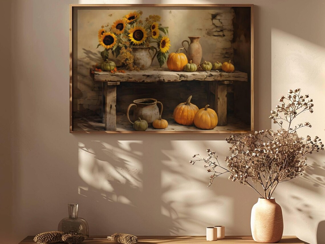 Sunflowers And Pumpkins On Rustic Table Vintage Fall Still Life Poster - Image 2