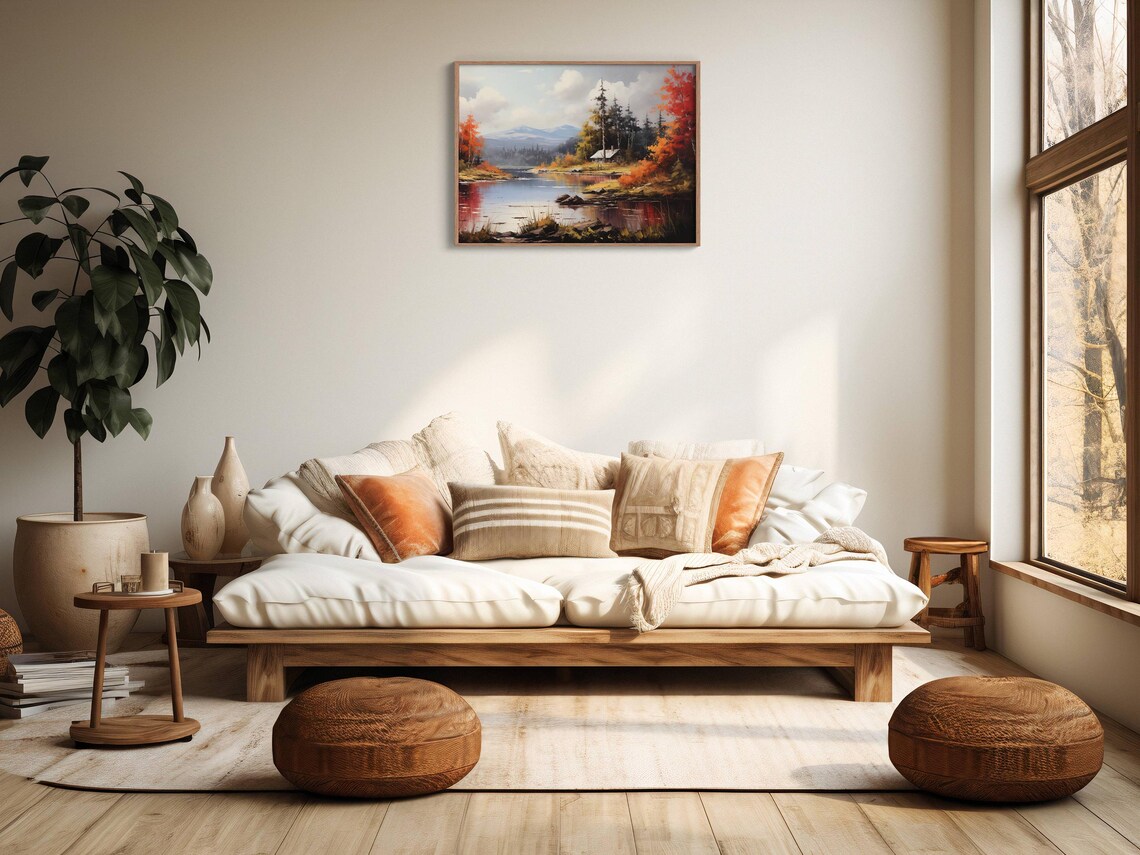 Colorful Autumn Lake Cabin Painting Red Foliage Mountain Reflection Poster - Image 2