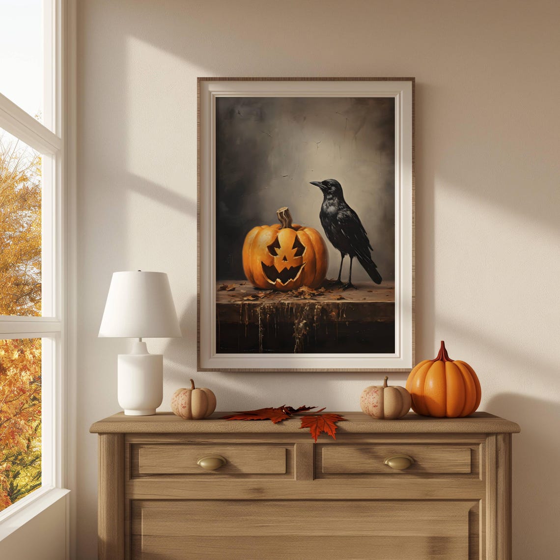 Black Raven Beside Glowing Jack O Lantern Moody Halloween Still Poster - Image 2