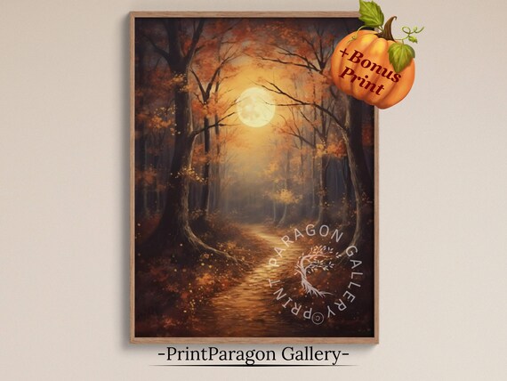 Moonlit Autumn Forest Path Fall Night Woodland Landscape Wall Art