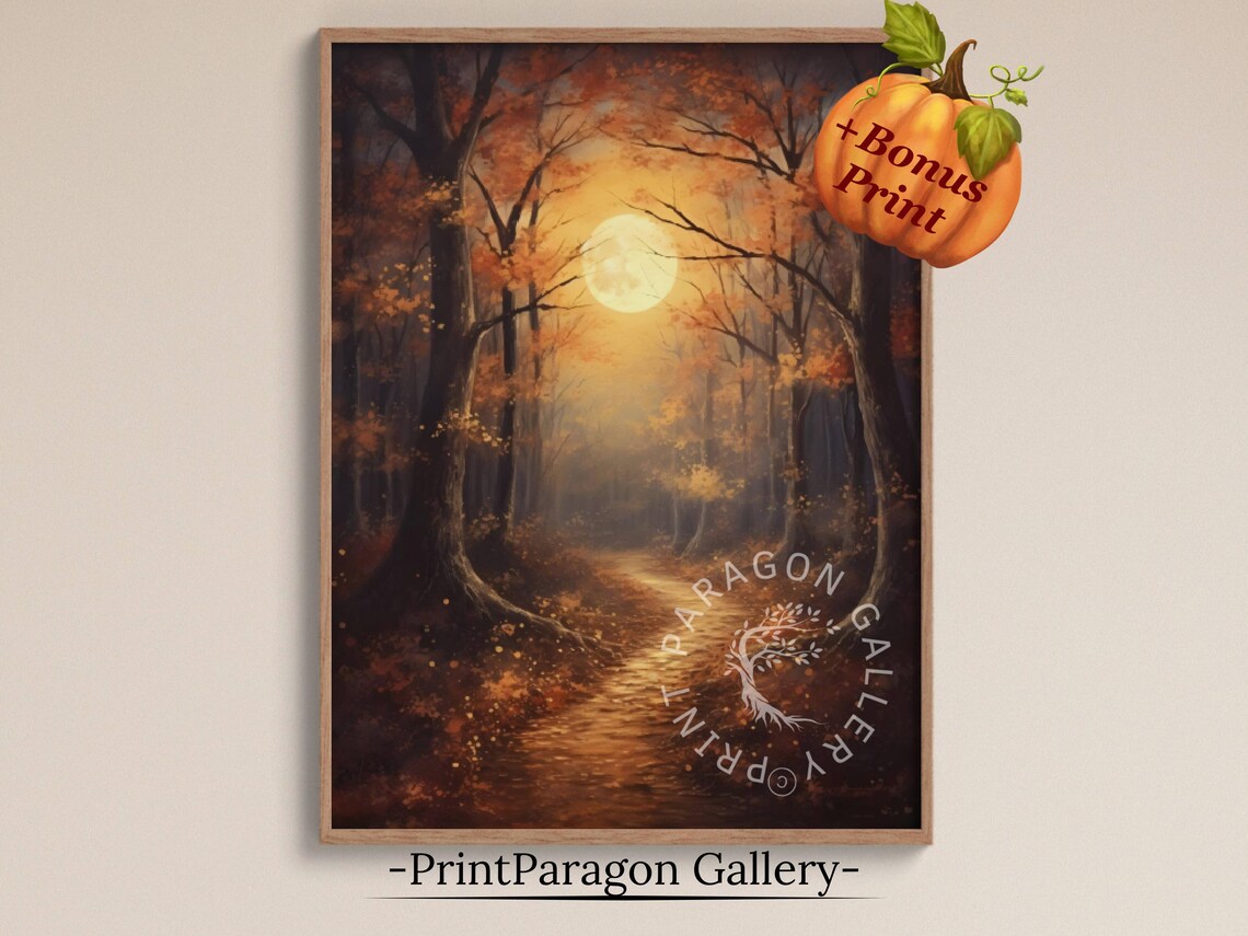 Moonlit Autumn Forest Path Fall Night Woodland Landscape Wall Art