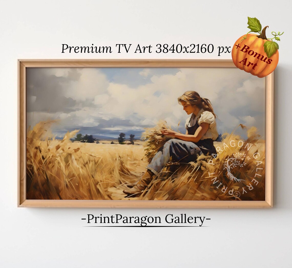 Woman Resting In Wheat Field Tying Sheaves Vintage Harvest Poster