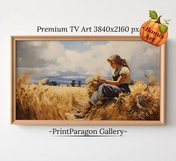 Woman Resting In Wheat Field Tying Sheaves Vintage Harvest Poster