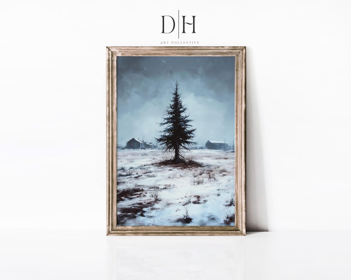 Moody Lone Evergreen In Snowy Field Dark Winter Countryside Art Print