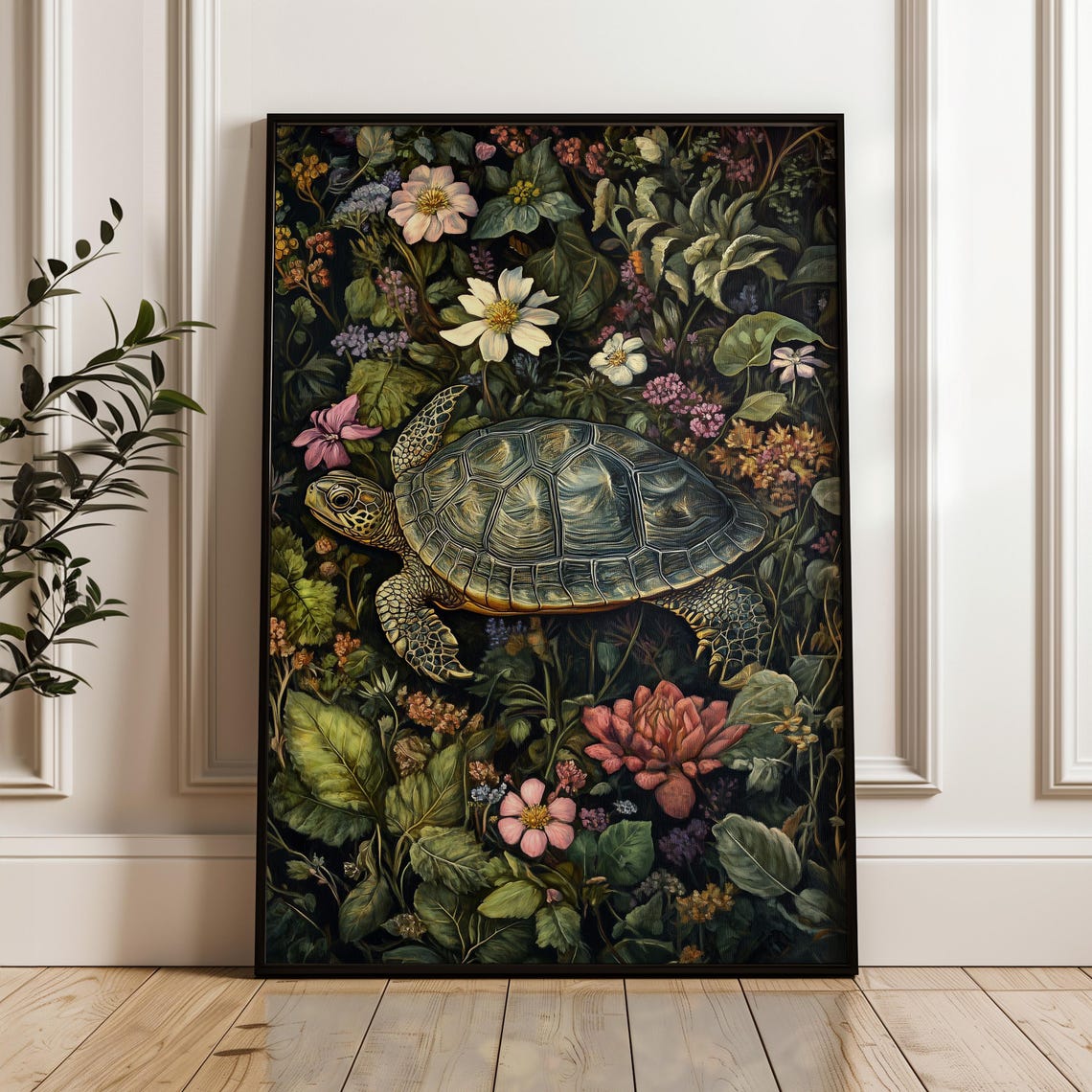 Green Sea Turtle Swimming Dark Botanical Garden Floral Wall Poster