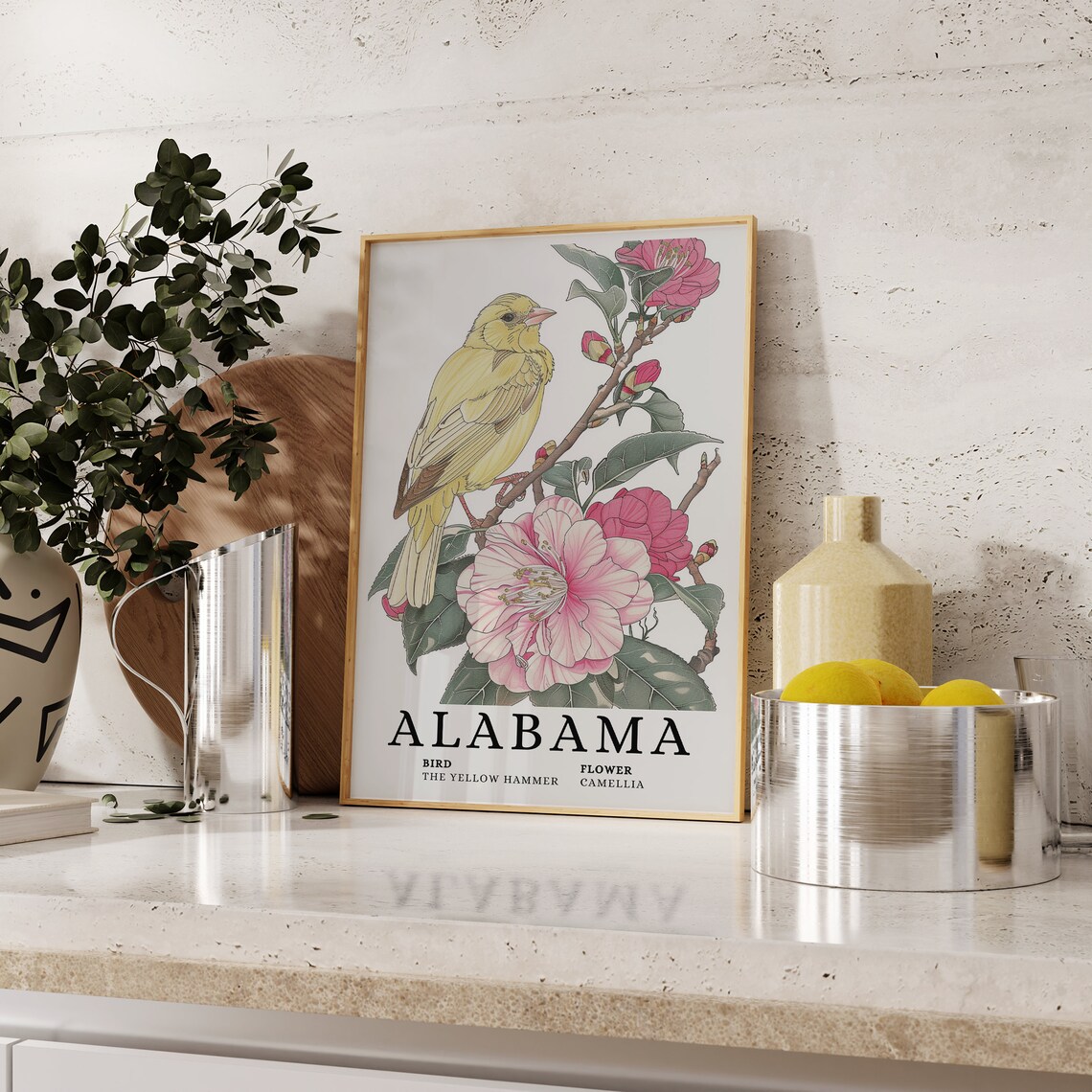 Alabama Yellow Hammer Camellia Botanical Bird and Flower Art Print - Image 2