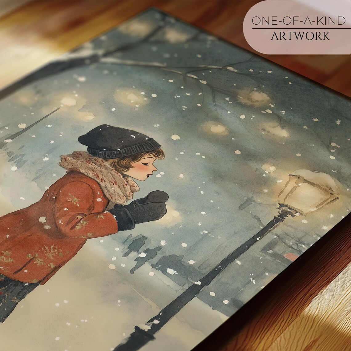 Winter Girl Red Coat Catching Snowflakes Lamppost Snowy Night Poster - Image 2