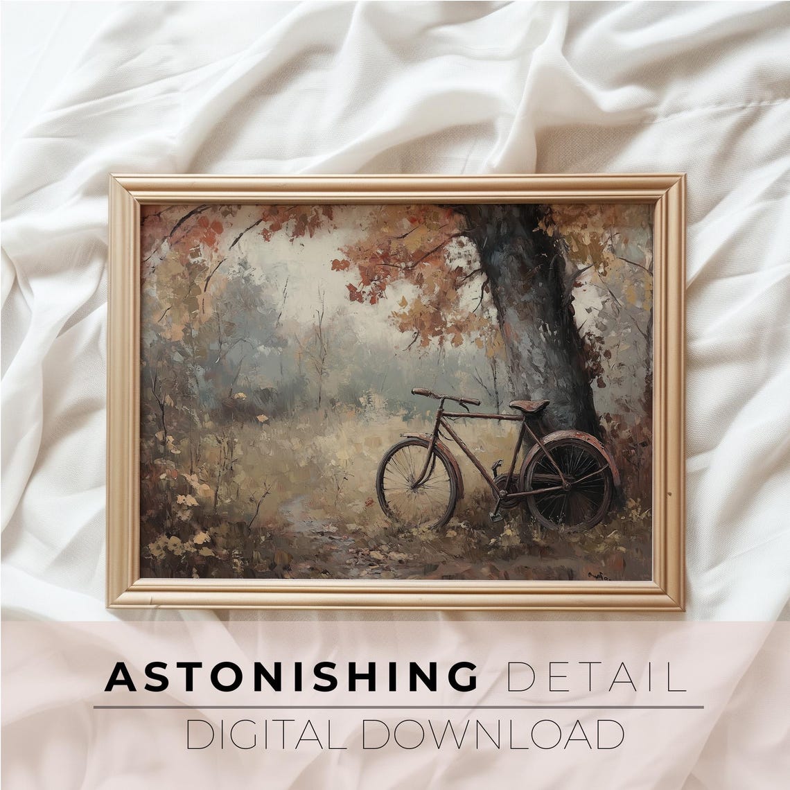 Vintage Bicycle Leaning On Tree Autumn Forest Moody Rustic Art Poster - Image 2