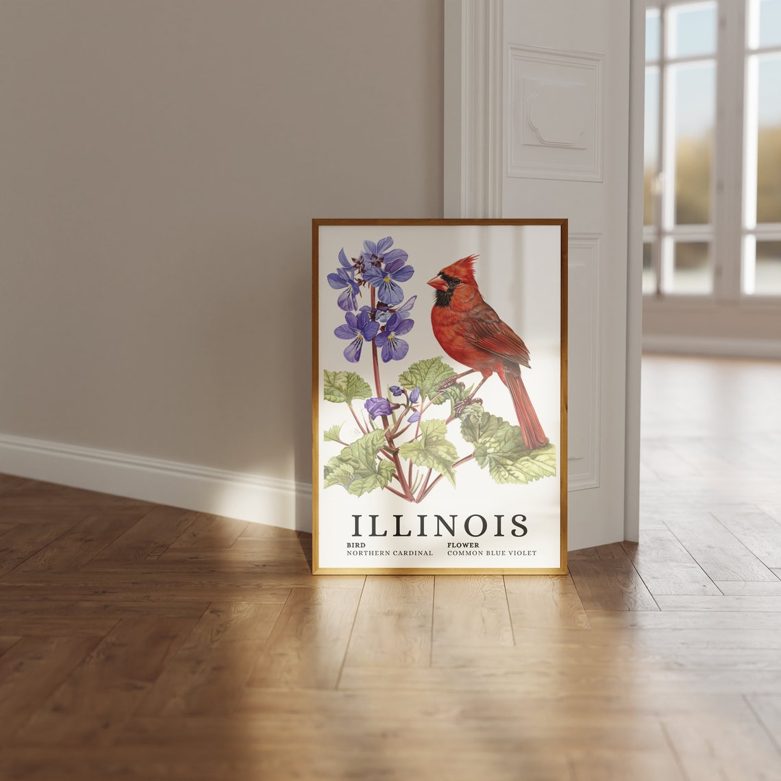 Illinois Northern Cardinal And Blue Violet Botanical Art Print - Image 3