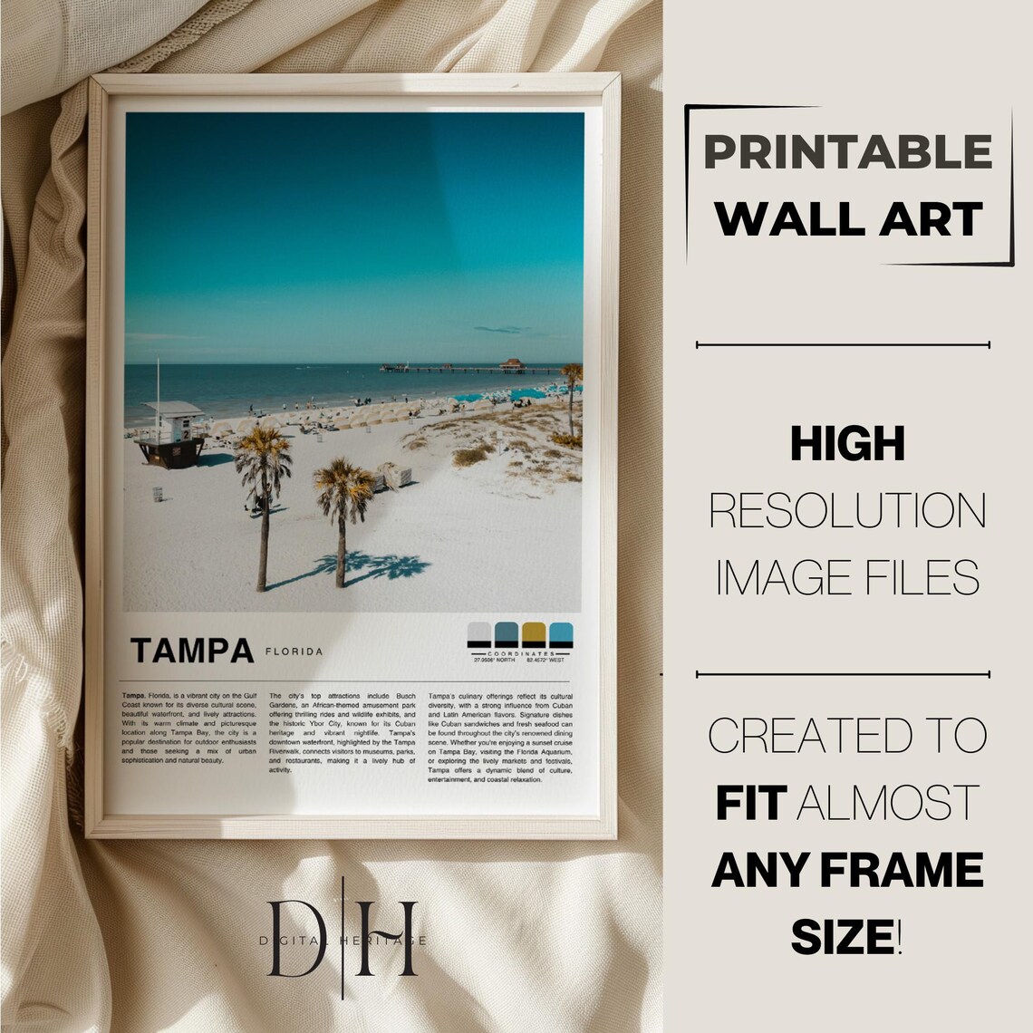 Tampa Florida Sunny Beach Pier Palm Trees Coastal Travel Poster