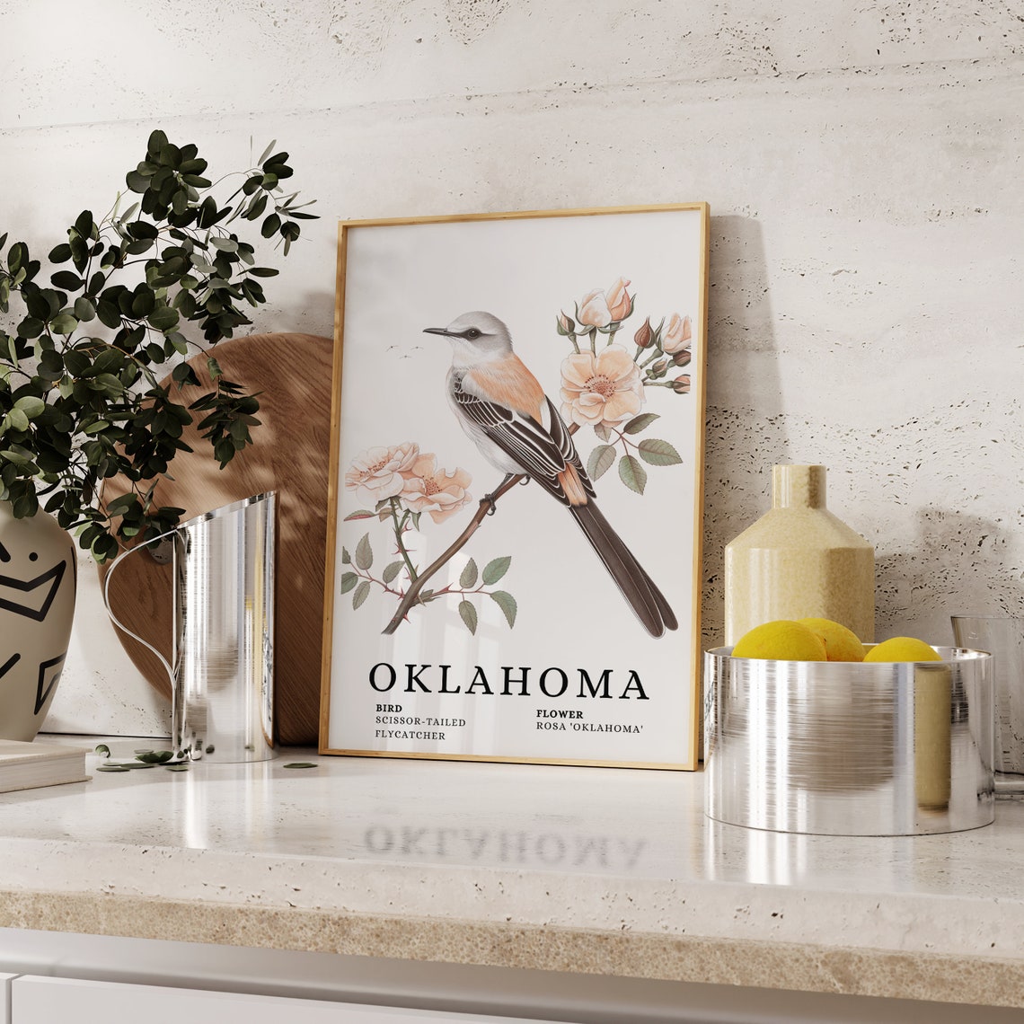 Oklahoma Scissor-Tailed Flycatcher Rosa Oklahoma Bird Flower Print - Image 2