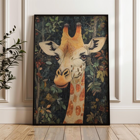 Giraffe Face Close Up Dark Foliage Mosaic Style Wildlife Art Poster