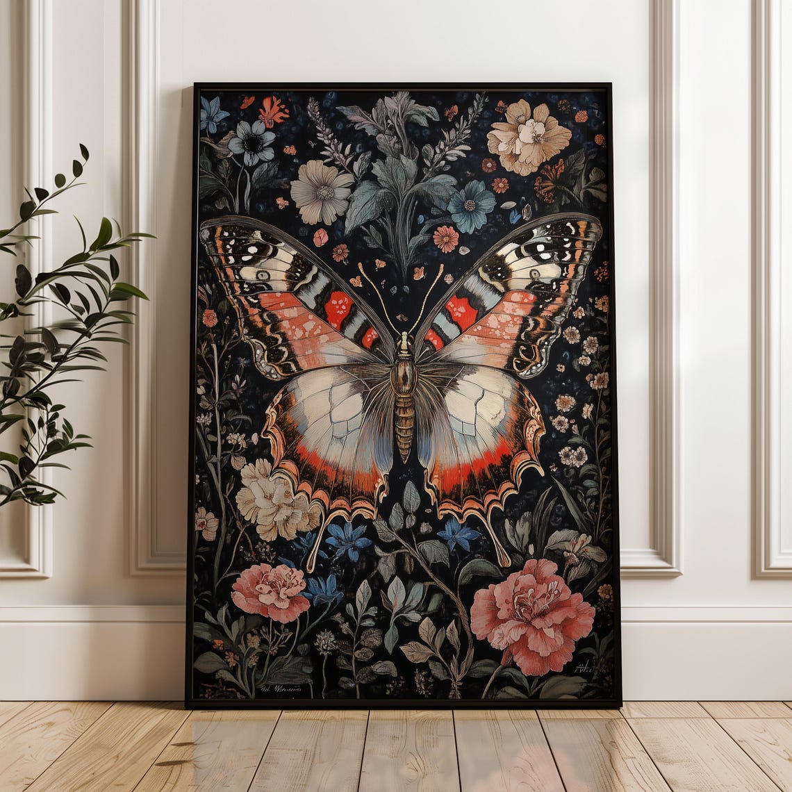 Butterfly Floral William Morris Inspired Moody Navy Insect Poster