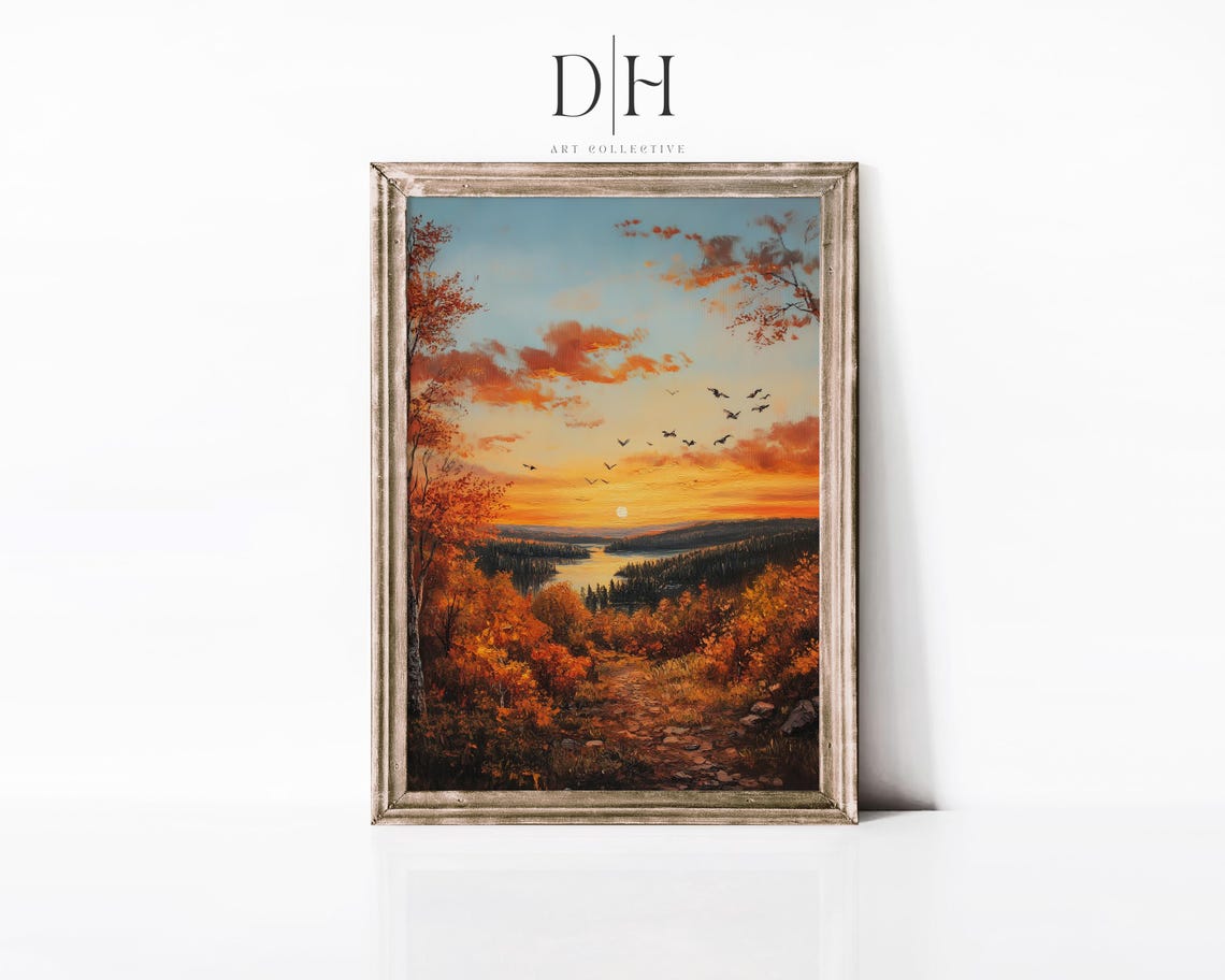 Autumn Sunset Over Lake Birds Flying Orange Sky Fall Nature Poster