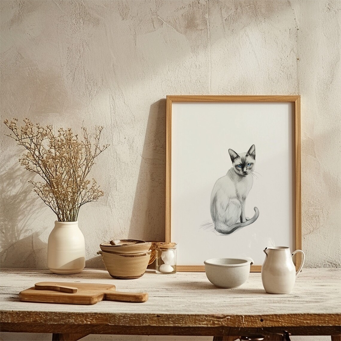 Siamese Cat Blue Eyes Sitting Pencil Sketch Pet Portrait Minimalist Art Print - Image 2