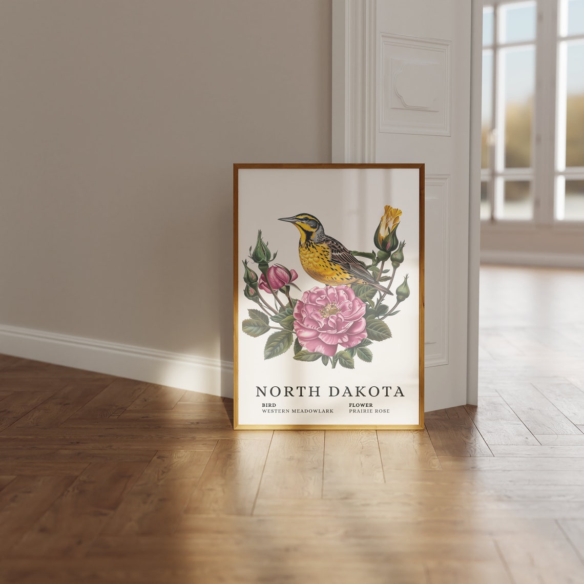 North Dakota Western Meadowlark Prairie Rose Bird Flower Art Print - Image 3