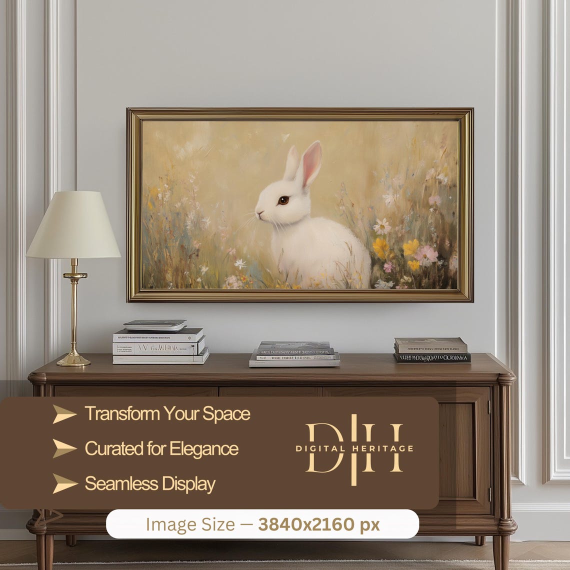 White Bunny Rabbit Wildflower Meadow Spring Vintage Painting Wall Art - Image 2