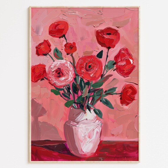 Bold Red Rose Bouquet Impasto Oil Painting On Pink Background Poster