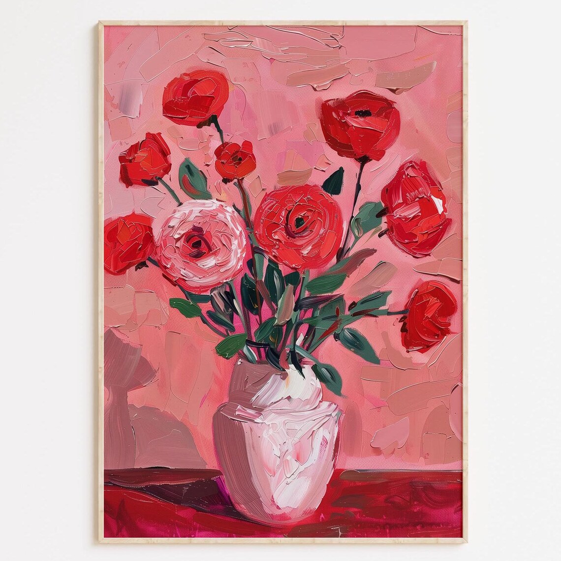 Bold Red Rose Bouquet Impasto Oil Painting On Pink Background Poster