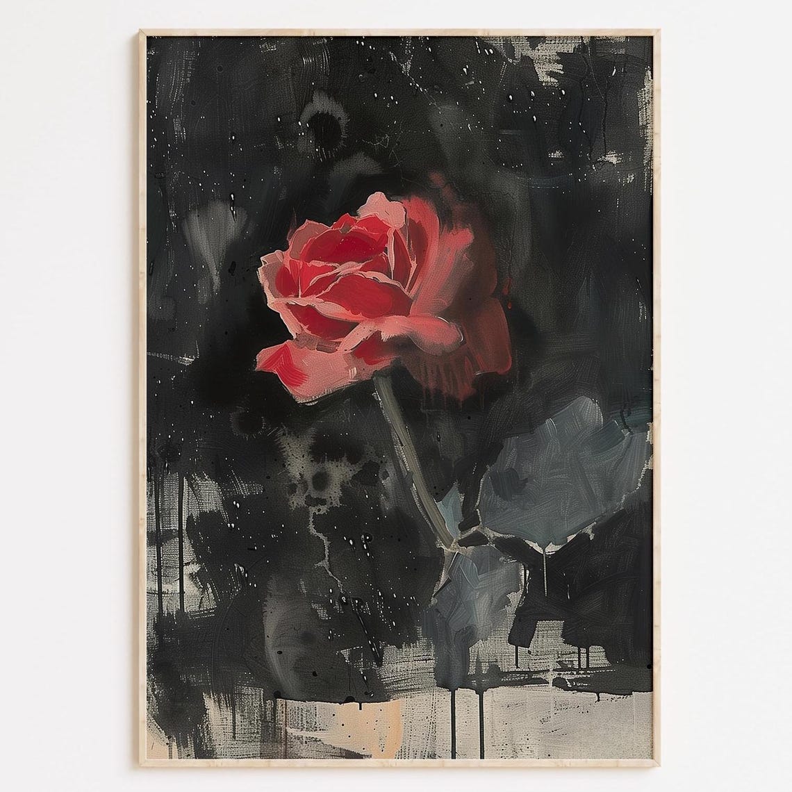 Single Red Rose On Moody Black Background Painterly Floral Poster
