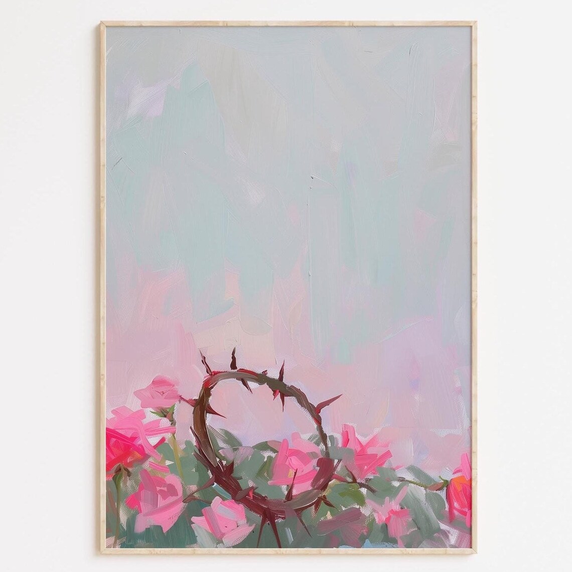 Crown Of Thorns With Pink Roses Easter Christian Botanical Poster