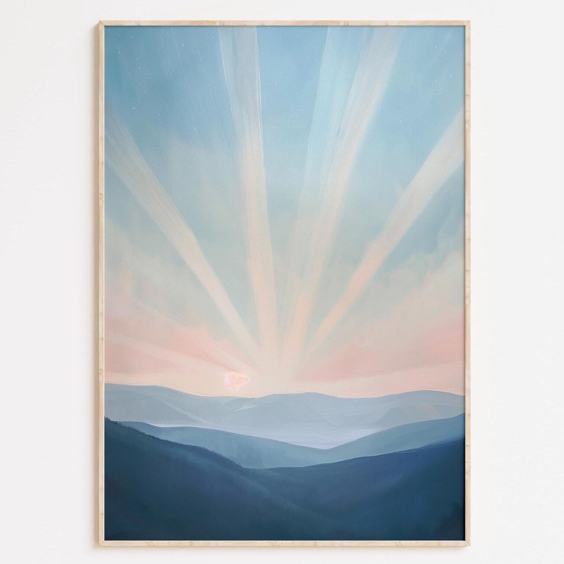 Mountain Sunrise Rays Over Soft Blue Layers Dreamy Abstract Art Poster