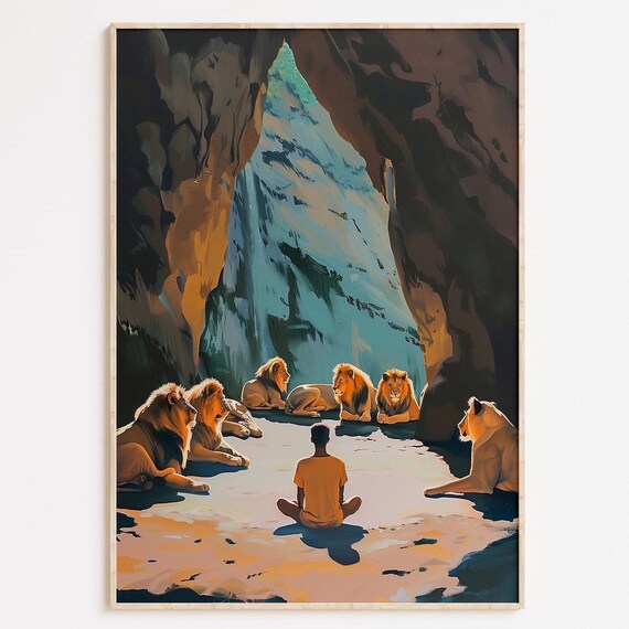 Daniel And The Lions Den Print Christian Scripture Wall Art