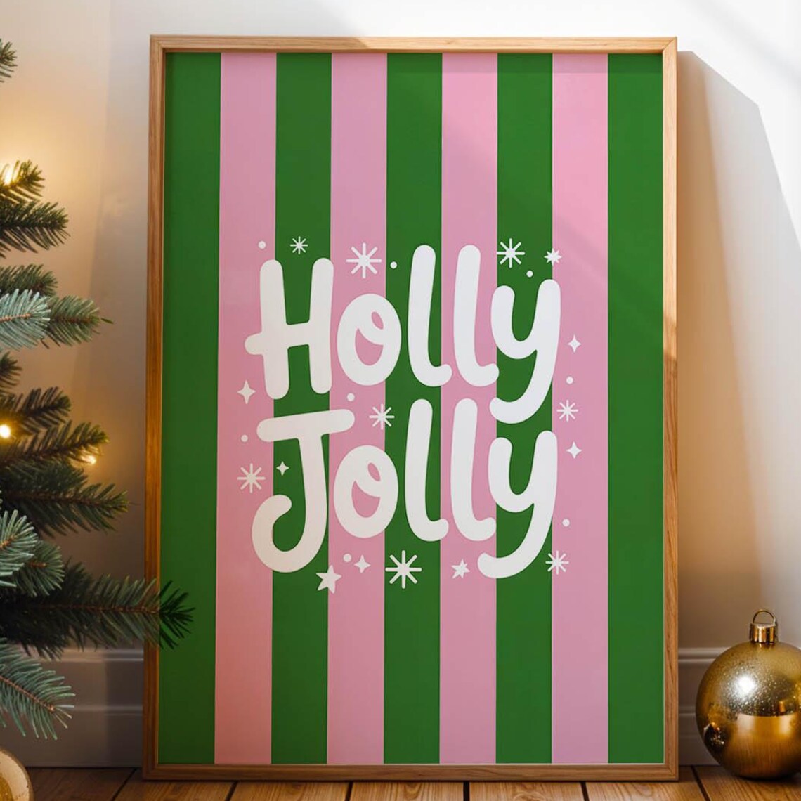 Holly Jolly Retro Typography Pink and Green Striped Holiday Poster