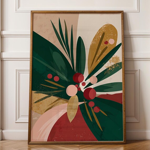 Abstract Christmas Botanical Art Green Leaves Red Berries Gold Poster