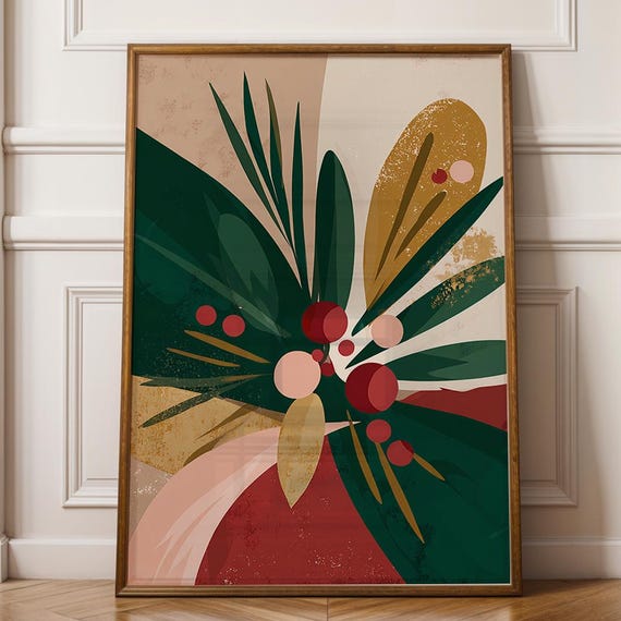 Abstract Christmas Poster Modern Minimalist Holiday Wall Art Red Green Gold Botanical Print