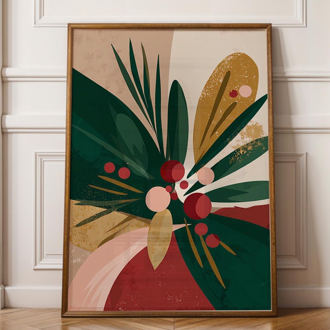 Abstract Christmas Poster Modern Minimalist Holiday Wall Art Red Green Gold Botanical Print