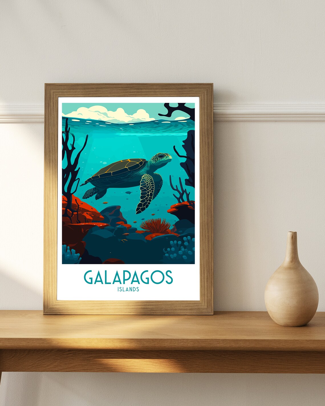 Galapagos Islands Sea Turtle Coral Reef Underwater Art Poster - Image 3