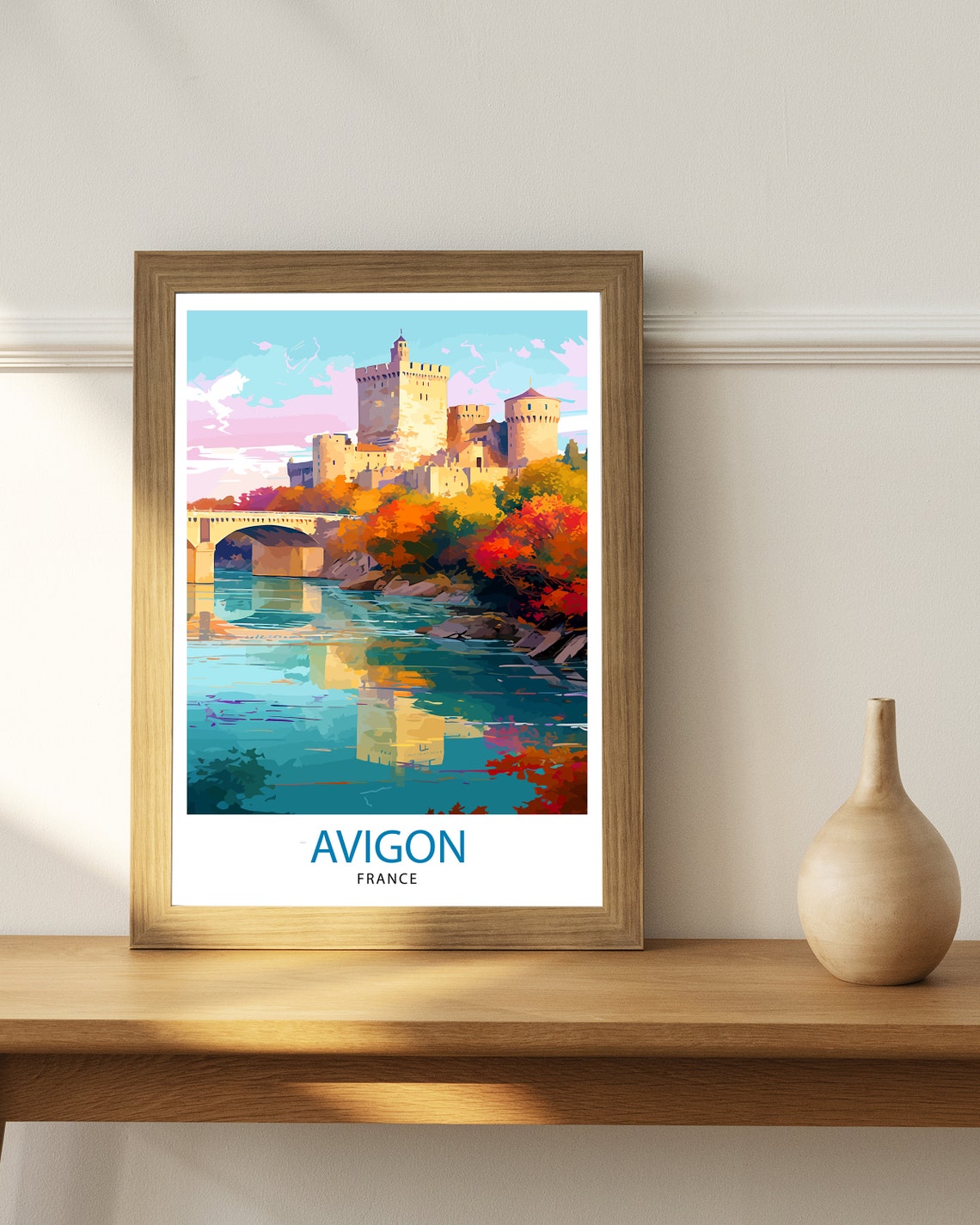Avignon France Riverside Fortress Bridge Autumn Trees Scene Poster - Image 3