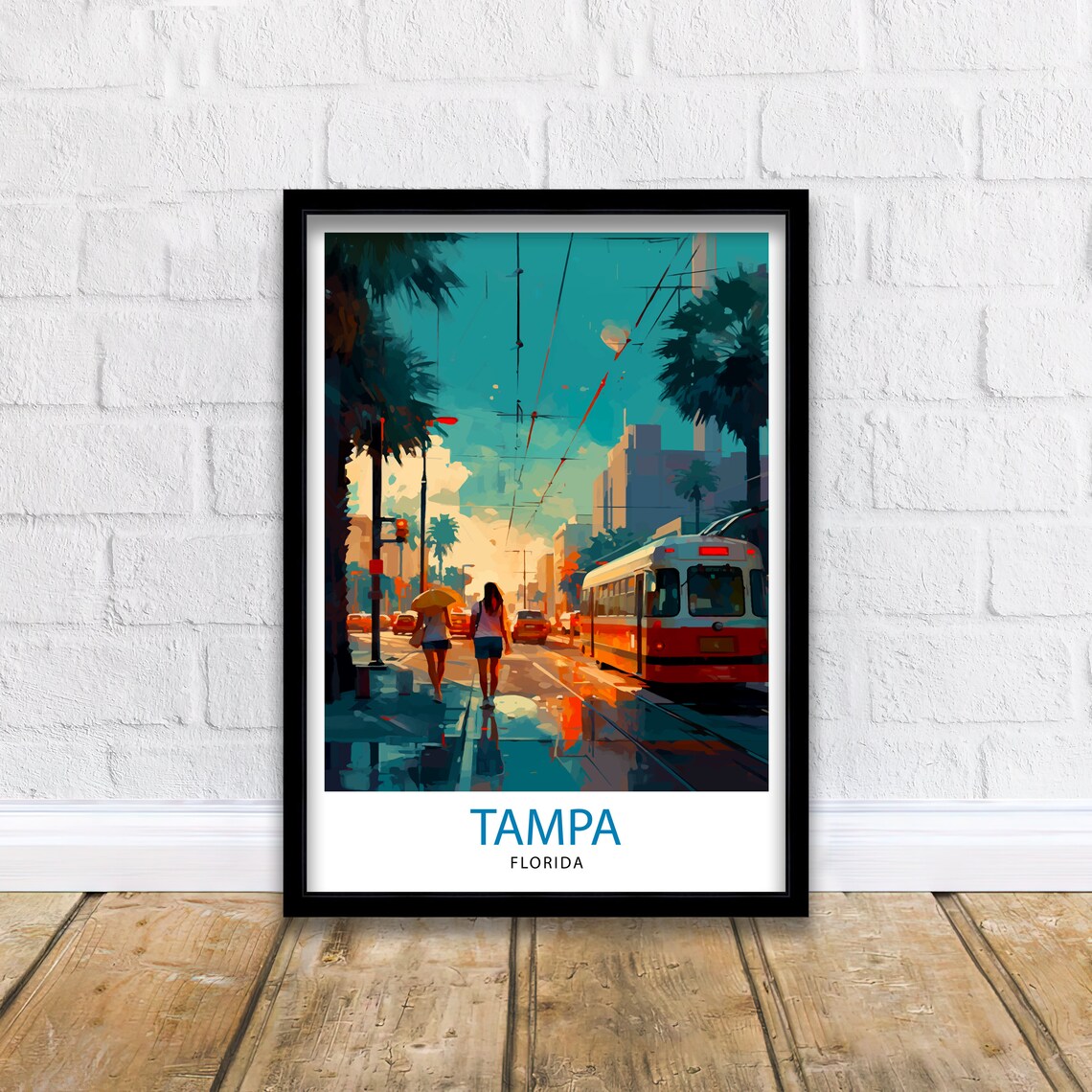 Tampa Florida Historic Streetcar Rainy Palm Street Travel Poster