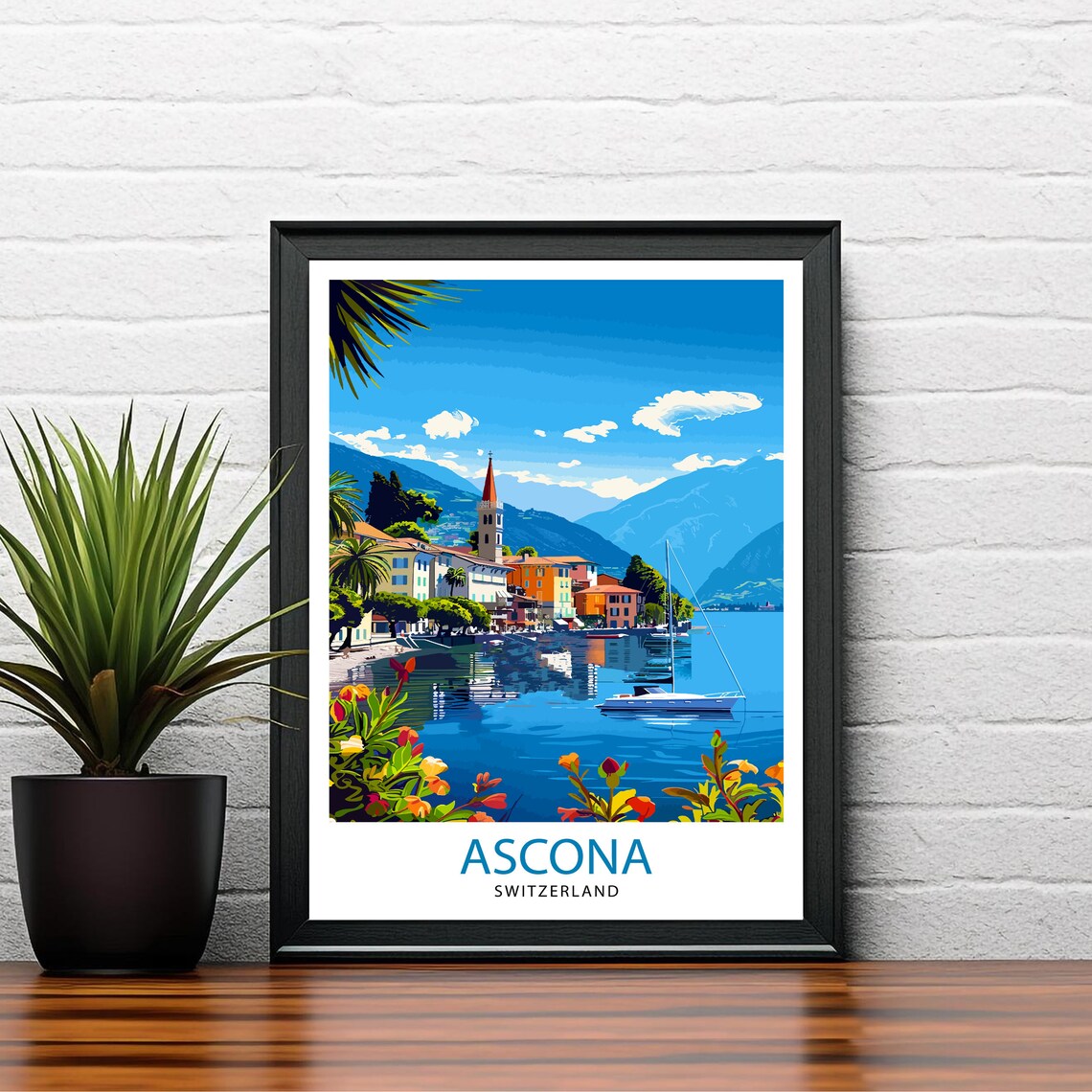 Ascona Switzerland Lakeside Village Church Tower Flowers Travel Poster - Image 2
