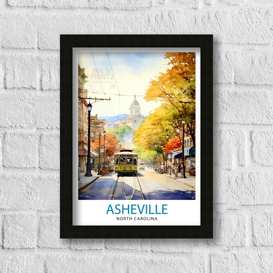 Asheville North Carolina Trolley Street Travel Poster Autumn Art - Image 3