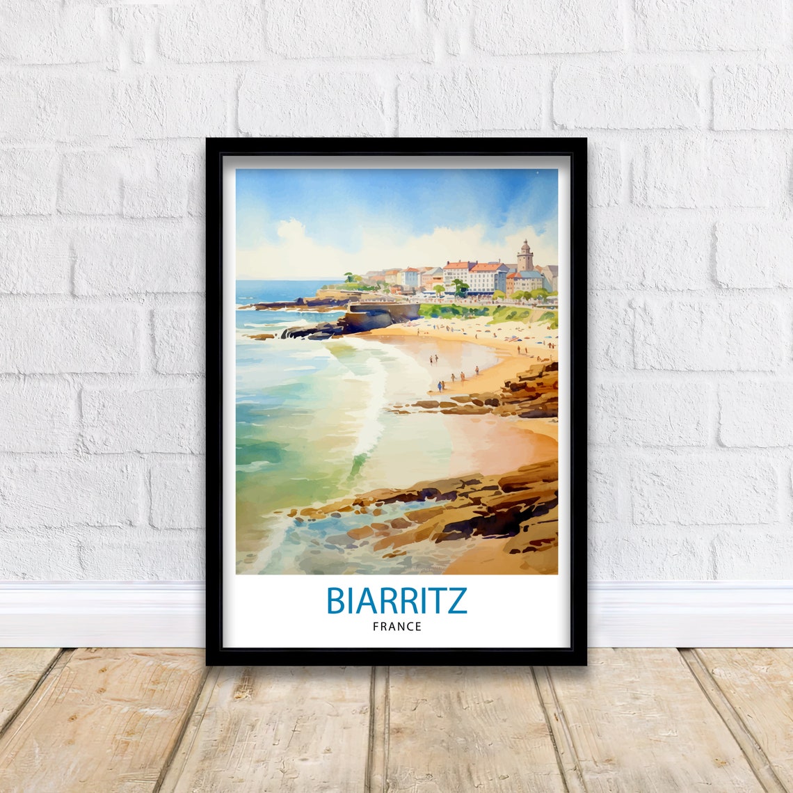 Biarritz France Watercolor Beach Cove Rocky Cliffs Town View Poster - Image 2