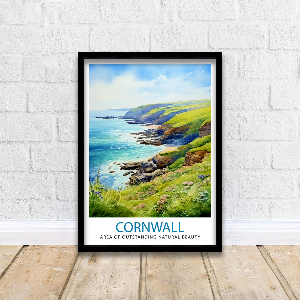 Cornwall England Rugged Coast Cliffs Sea Watercolor Art Poster - Image 2