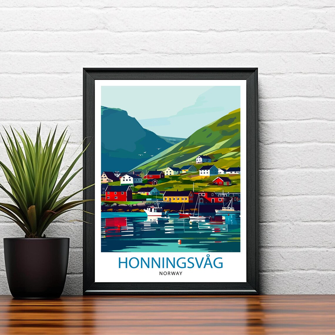 Honningsvag Norway Fishing Harbor Travel Poster Mountain Fjord Art - Image 2