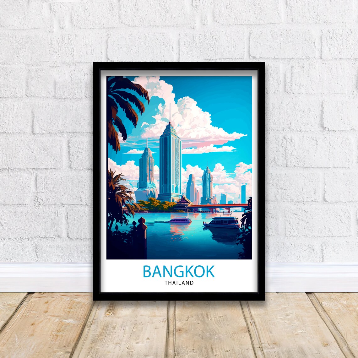 Bangkok Thailand River Skyline Skyscrapers Boats Night Travel Poster - Image 2