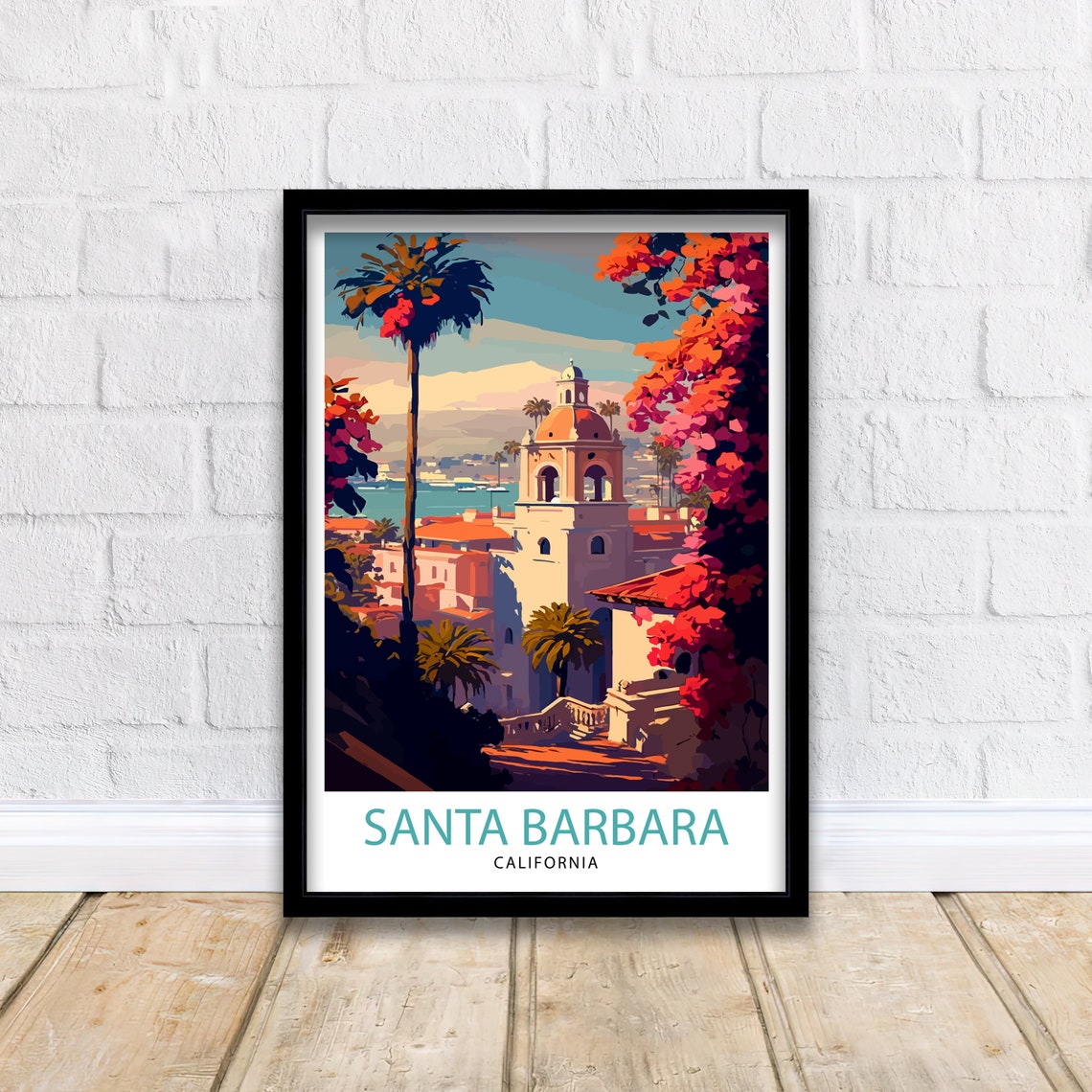 Santa Barbara California Bell Tower Palms Harbor Sunset Poster - Image 2