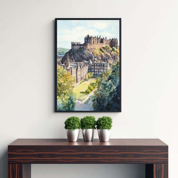 Edinburgh Watercolor Travel Poster, Scottish City View