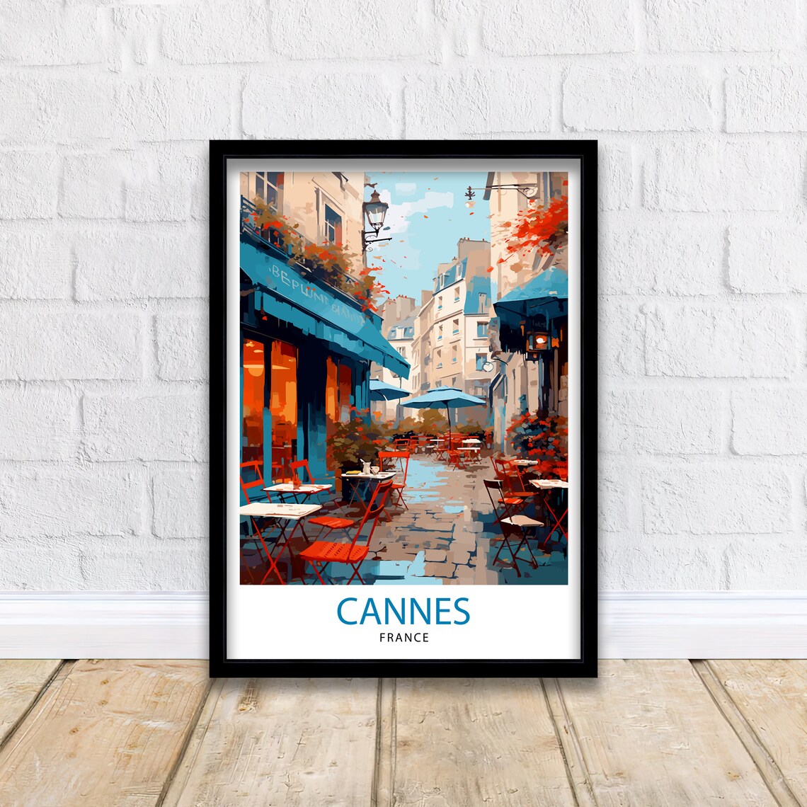 Cannes France Charming Café Terrace Blue Awnings Street Poster - Image 2