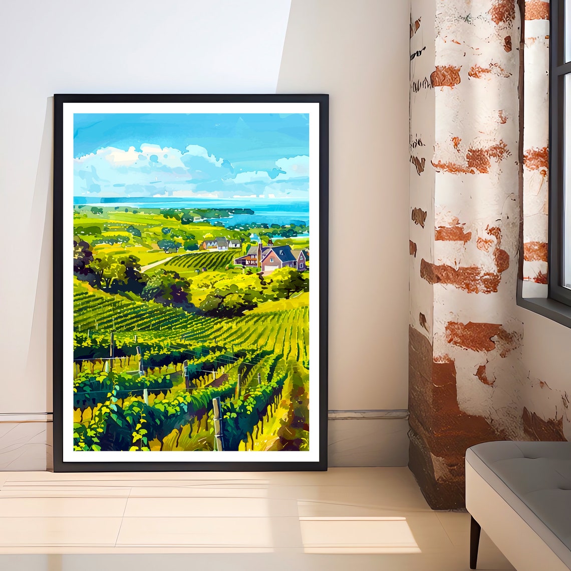 Sunlit Vineyard Rows Rolling Hills Distant Lake Watercolor Art Print - Image 3