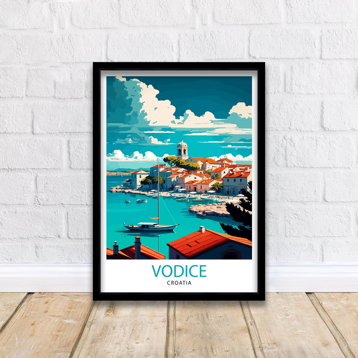 Vodice Croatia Harbor Red Roofs Sailboat Vintage Travel Poster - Image 2