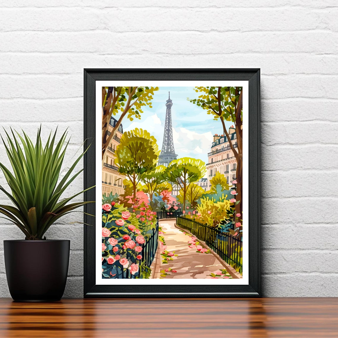 Paris France Travel Poster Eiffel Tower Rose Garden Path Art - Image 2