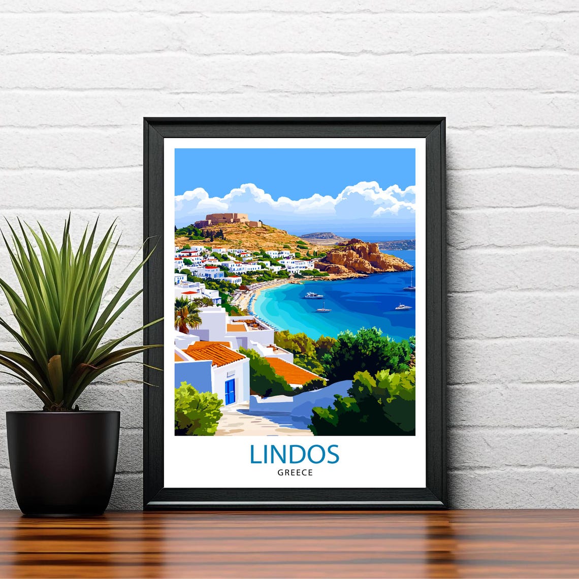 Lindos Greece Acropolis Whitewashed Houses Turquoise Bay Art Poster - Image 2