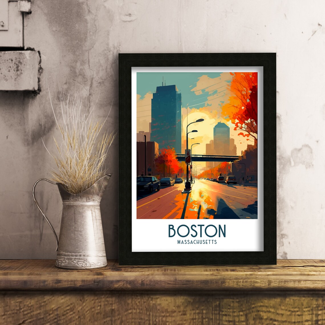 Boston Massachusetts Autumn City Street Sunset Vintage Travel Poster - Image 3