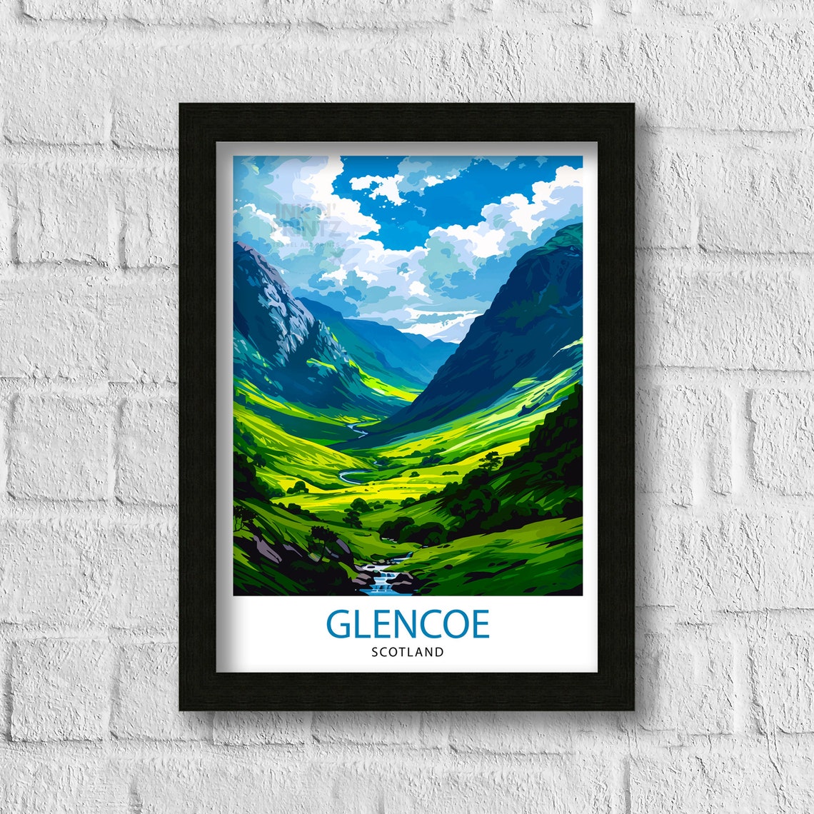 Glencoe Scotland Green Mountain Valley Winding River Travel Poster - Image 3